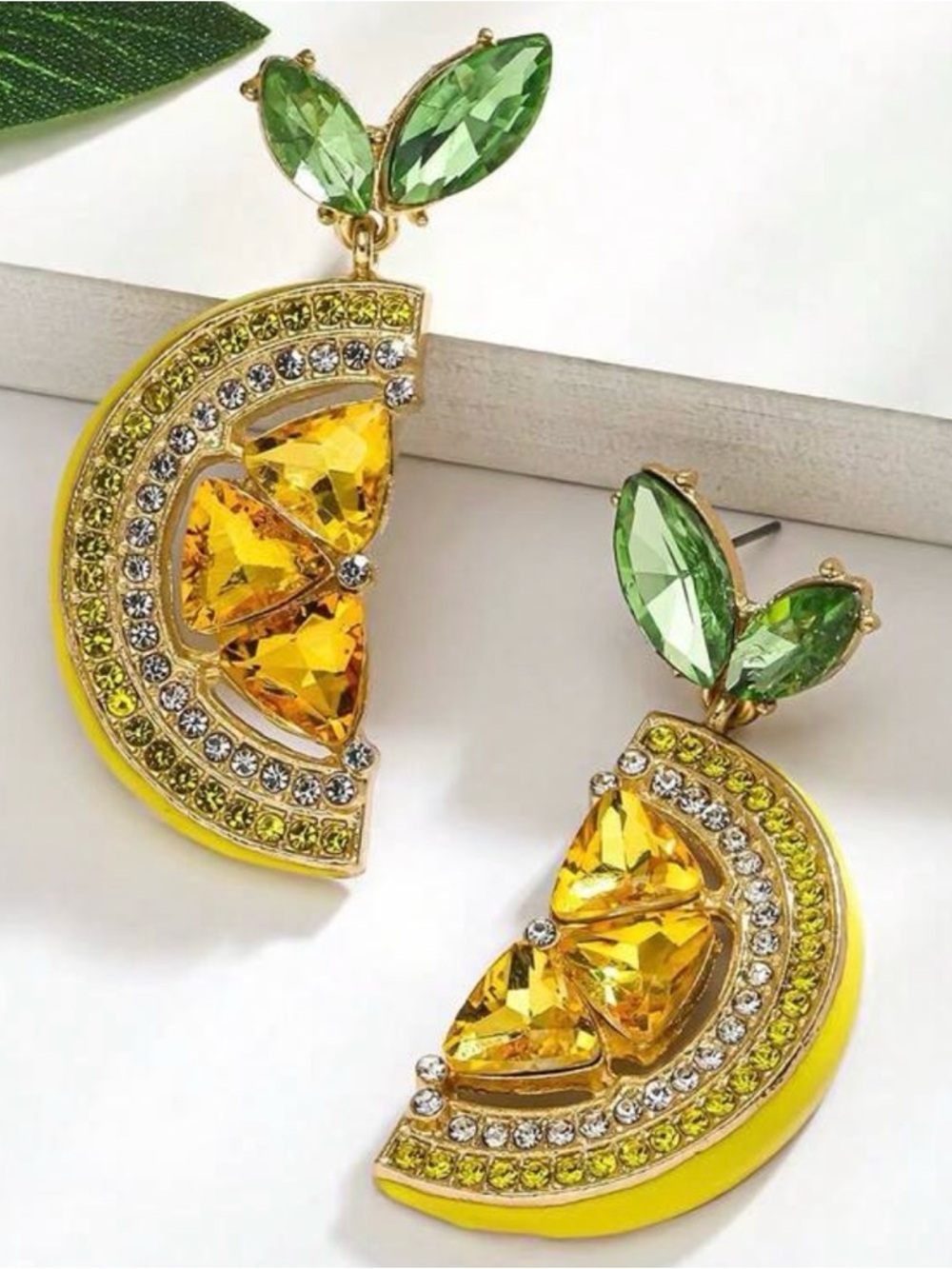 Gold-Tone Yellow & Green Crystal Slice Drop Earrings - Picture 5 of 5